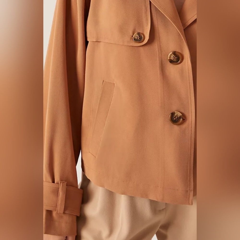 Anthropologie X Sanctuary Cropped Trench Coat Sz XXS Tan Slant Pockets Buttons - Picture 5 of 16